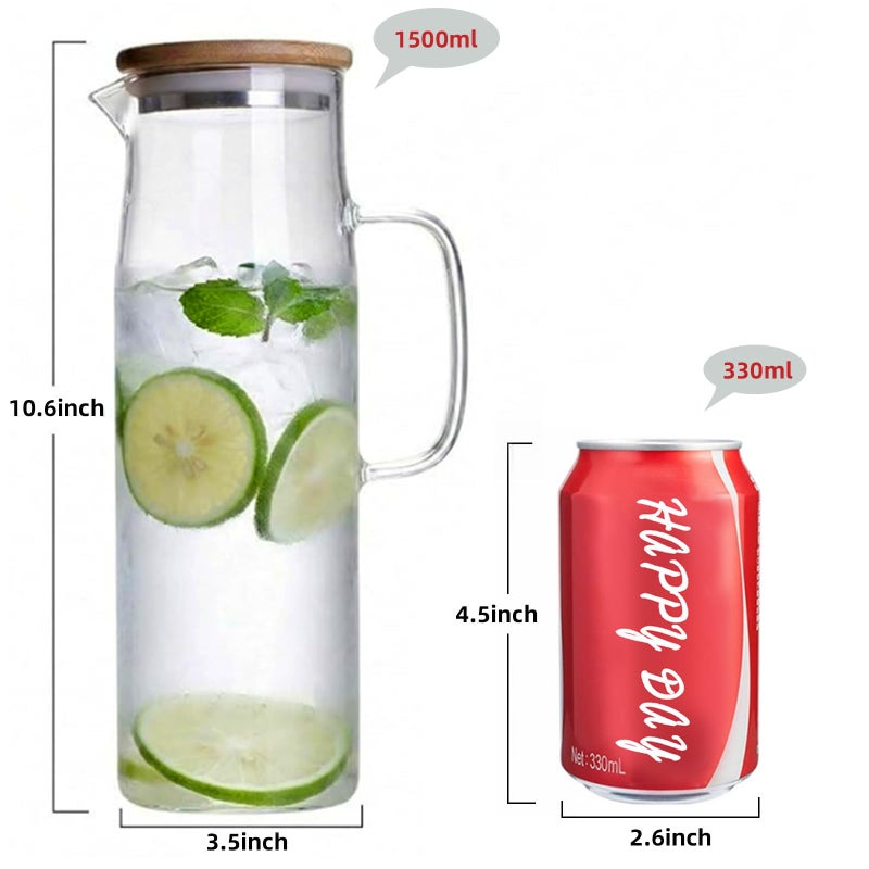 hjn Glass Pitcher with Lid Glass Water Carafe with Handle, Fridge Water Jug Cold or Hot Beverages, Iced Tea, Milk, Juice 1500ml/51oz & bamboo lid - Image 4
